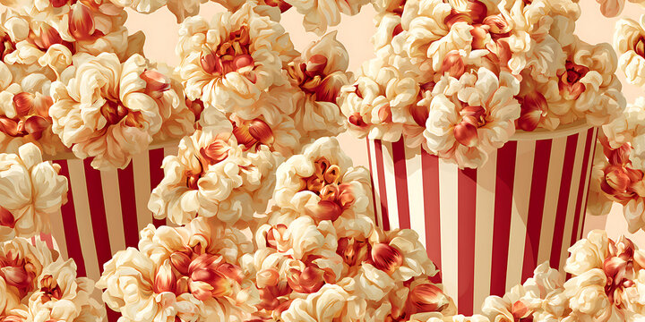 Seamless repeating pattern of popcorn kernels and popped popcorn, colorful background with red and white stripes like movie theater theme