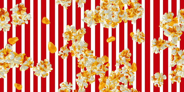 A seamless repeating pattern of popcorn kernels and popped popcorn, set against a colorful red and white striped background reminiscent of a movie theater theme.