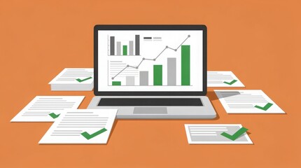 Obraz premium A laptop displaying rising bar and line graphs surrounded by documents with green checkmarks on a brown surface.