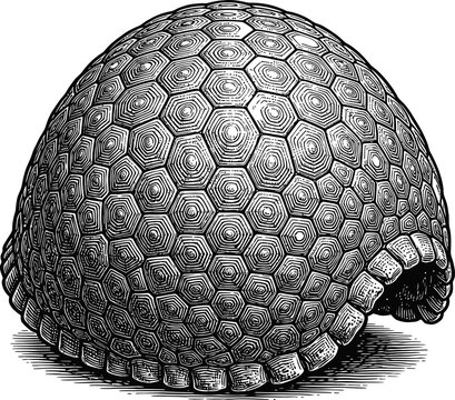 Isolated geodesic dome structure with a detailed hexagonal pattern, presented as a scientific illustration and architectural design element.