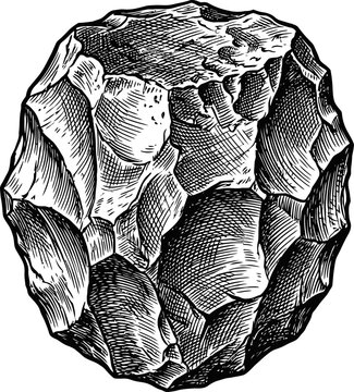 Isolated primitive stone tool, hand axe with rough textured surface, ancient artifact illustration, prehistoric tool