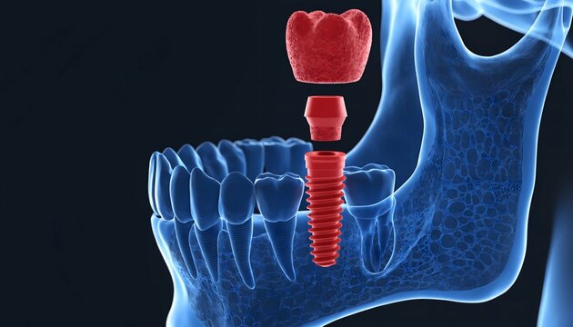 Futuristic 3D rendering of a dental implant procedure featuring a translucent glowing blue human mandible and suspended red implant components against a dark background.