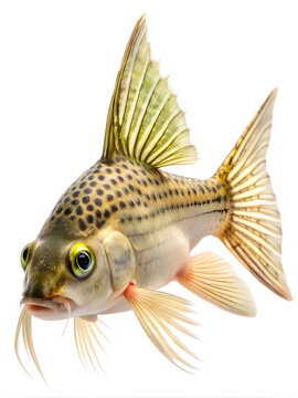 Close up detailed freshwater corydoras catfish isolated on bright white background