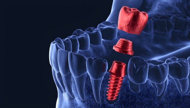 Futuristic 3D rendering of a dental implant procedure featuring a translucent glowing blue human mandible and suspended red implant components against a dark background.
