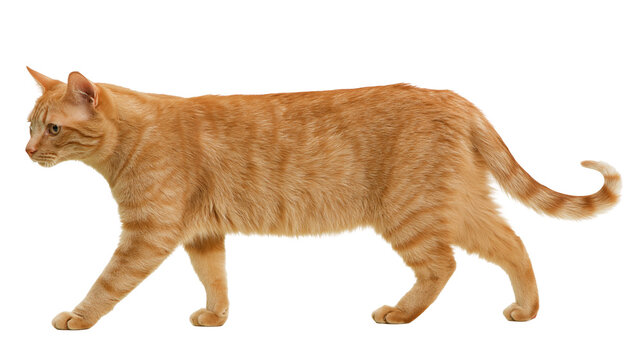 Ginger tabby cat walking profile view