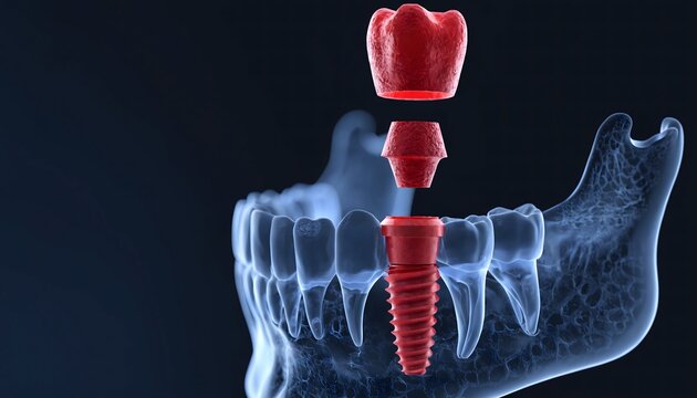 Futuristic 3D rendering of a dental implant procedure featuring a translucent glowing blue human mandible and suspended red implant components against a dark background.