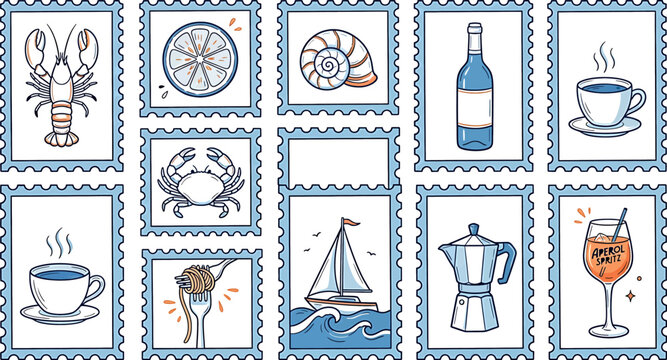 Set of postage stamps with italian summer vacation icons isolated on white background