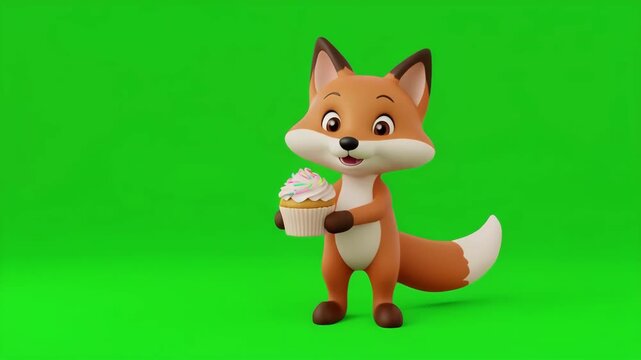 Cute cartoon fox character holding coffee cup with soft focus during cinematic motion against green screen background