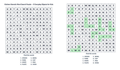 Kitchen Utensils Word Search for Kids – Find 8 Everyday Objects – Easy Puzzle with Answers on White Background © Lara