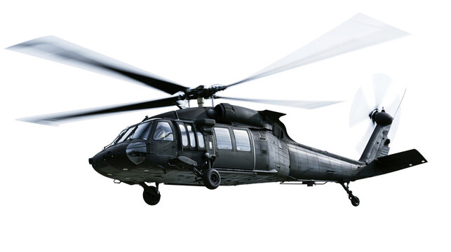 Black military helicopter in flight with blurred rotor blades