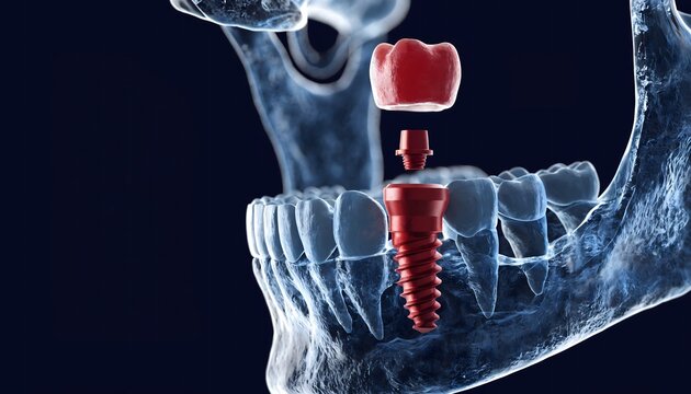 Futuristic 3D rendering of a dental implant procedure featuring a translucent glowing blue human mandible and suspended red implant components against a dark background.