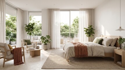 Fototapeta premium Modern Minimalist Bedroom with Balcony and Natural Plants