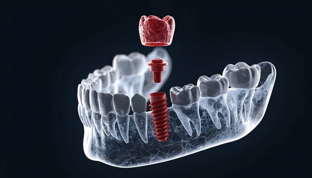 Futuristic 3D rendering of a dental implant procedure featuring a translucent glowing blue human mandible and suspended red implant components against a dark background.