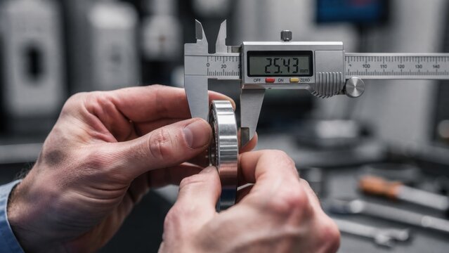 A close-up of hands measuring a metallic bearing's diameter with a digital caliper in a workshop setting.