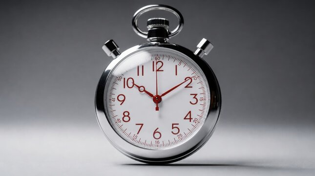 A close-up of a classic silver stopwatch showing the time 10:10:02 on a gradient gray background.