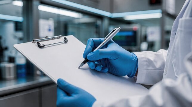 A scientist wearing blue gloves writes on a clipboard in a modern laboratory setting with advanced equipment in the background.