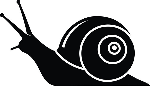 A black silhouette of a snail with a large shell and antennae on a white background
