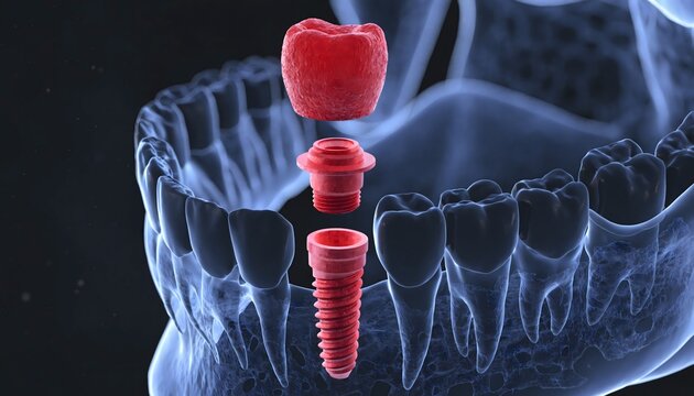 Futuristic 3D rendering of a dental implant procedure featuring a translucent glowing blue human mandible and suspended red implant components against a dark background.