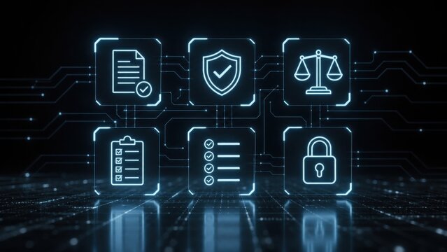 Digital security concept with icons representing documents, shield, scale, checklist, and padlock connected by futuristic circuit lines on a dark background.