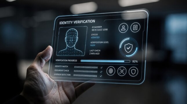 A futuristic transparent digital screen displays identity verification details, including status, verification level, and biometric data.