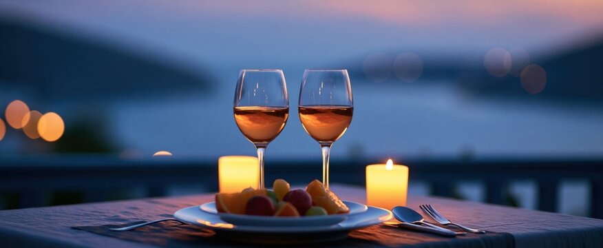 Romantic balcony dinner setup with wine glasses, fresh fruit, and warm lighting overlooking sea and hills at twilight.