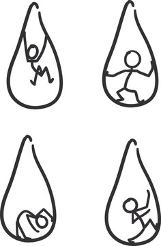 Characters in different poses inside teardrop-shaped areas or figures.