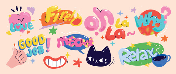 Fototapeta premium Speech bubble sticker vector set with retro typography, playful chat phrases, comic labels, arrows, splashes and cute doodle graphic elements
