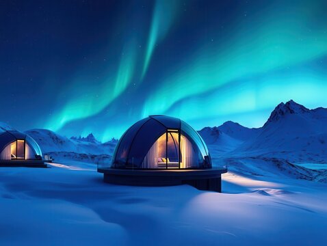 Biodome community thriving in arctic zone, glowing under aurora sky, climate survival, resilient habitat