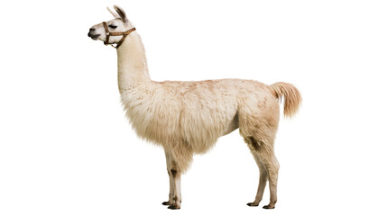 Creamy white llama with leather halter standing profile © Antonio