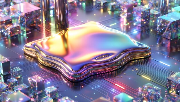 Close-up of Liquid Metal CPU on Iridescent Circuit Board with Glowing Elements