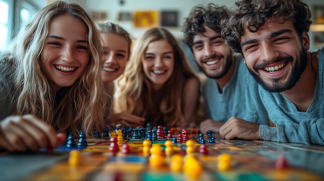 A group of friends laughing and engaged in a lively board game session, their hands moving game pieces on a colorful board against a bright white backdrop under professional studio lighting 