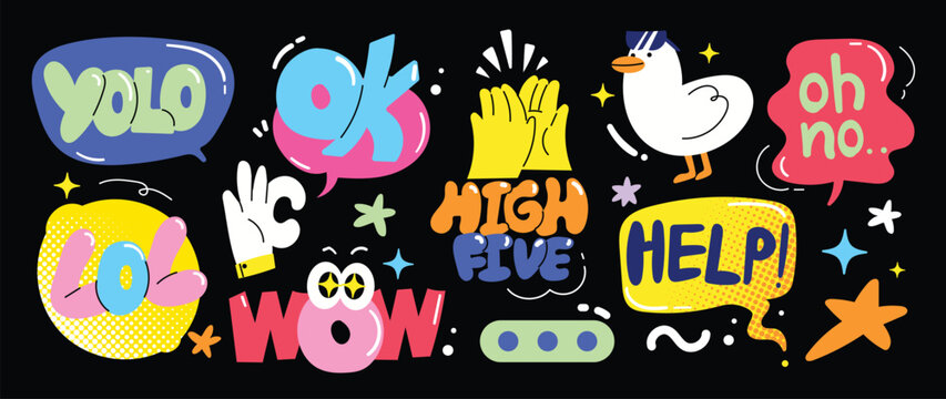 Speech bubble sticker vector set with colorful retro labels, playful typography, chat phrases, cute doodles and pop art graphic elements on dark background