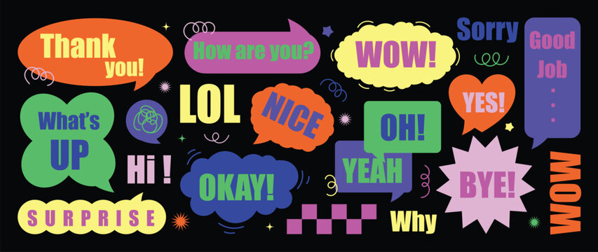 Speech bubble sticker vector set with colorful retro labels, playful typography, chat phrases, cute doodles and pop art graphic elements on dark background