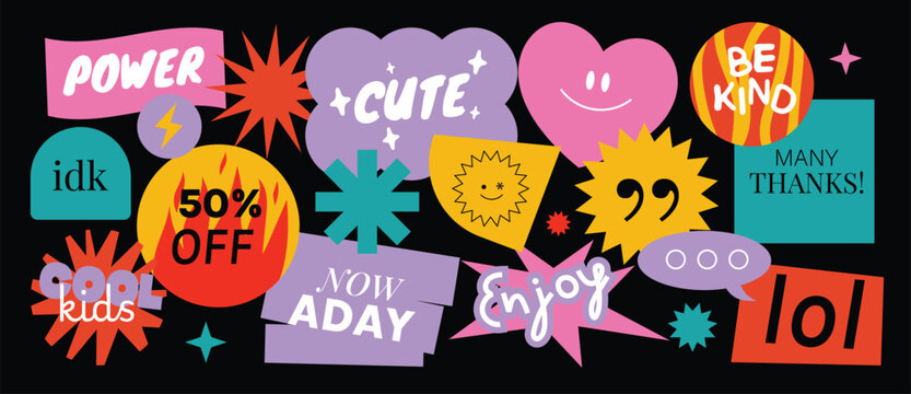 Speech bubble sticker vector set with colorful retro labels, playful typography, chat phrases, cute doodles and pop art graphic elements on dark background