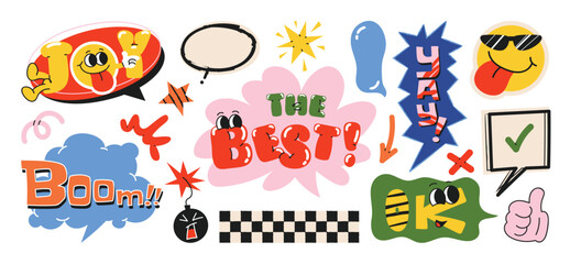 Obraz premium Speech bubble sticker vector set with retro typography, playful chat phrases, comic labels, arrows, splashes and cute doodle graphic elements