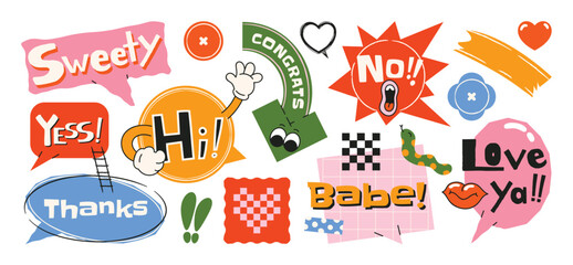 Obraz premium Speech bubble sticker vector set with retro typography, playful chat phrases, comic labels, arrows, splashes and cute doodle graphic elements