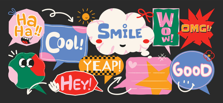 Speech bubble sticker vector set with colorful retro labels, playful typography, chat phrases, cute doodles and pop art graphic elements on dark background