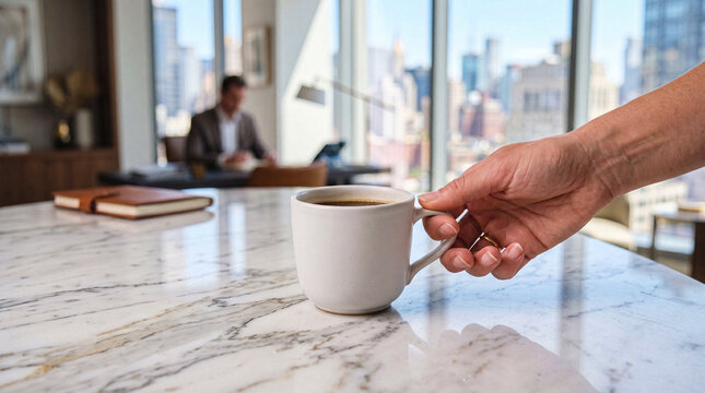A man's hand holding a white ceramic coffee mug on a sophisticated marble table in a modern office with city views.
