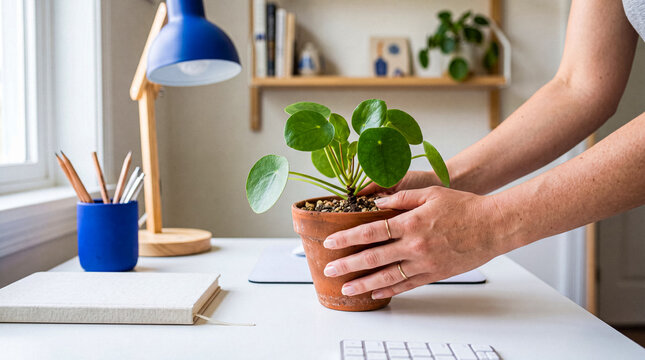 Woman's hands placing a Pilea plant on a white desk, enhancing a bright home office environment.