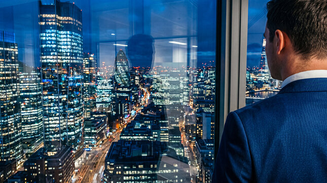 Back view of a businessman in a suit looking at a stunning illuminated cityscape from a high-rise office at night.