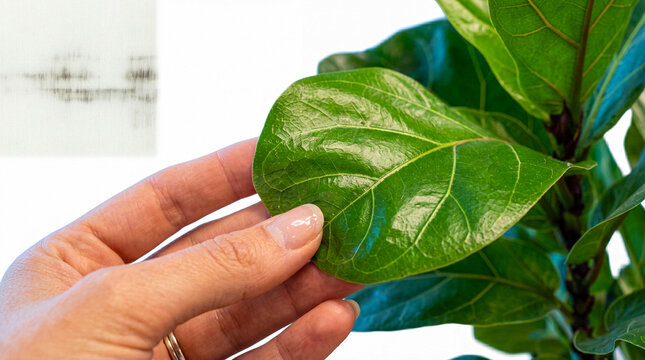 Close-up photograph of a woman's hand gently touching a vibrant green fiddle leaf fig houseplant leaf.