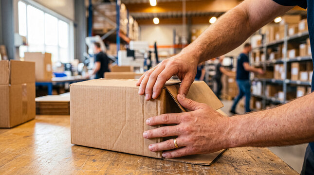 Professional photograph of a man's hands carefully folding a cardboard shipping box on a wooden surface in a busy.