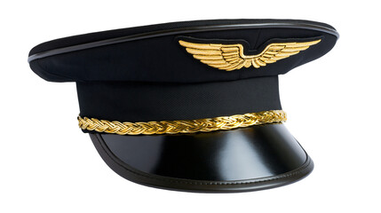 Black pilot cap with gold wings emblem and braided trim