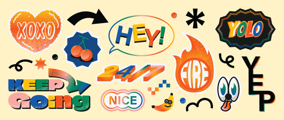 Fototapeta premium Speech bubble sticker vector set with retro typography, playful chat phrases, comic labels, arrows, splashes and cute doodle graphic elements
