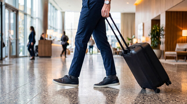 Businessman walking confidently through a bright, contemporary hotel lobby with a black suitcase, ready for travel.