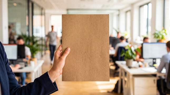 Close-up of a hand holding a blank brown cardboard folder or document in a modern office environment.