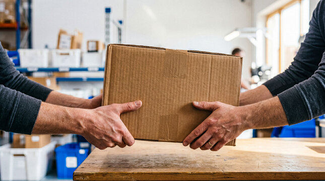 Close-up of two pairs of hands exchanging a brown cardboard box across a rustic wooden table indoors.