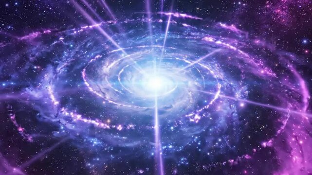 Cosmic spiral galaxy with radiant light beams and glowing nebula clouds in deep space stars cosmos