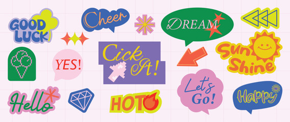 Fototapeta premium Speech bubble sticker vector set with retro typography, playful chat phrases, comic labels, arrows, splashes and cute doodle graphic elements