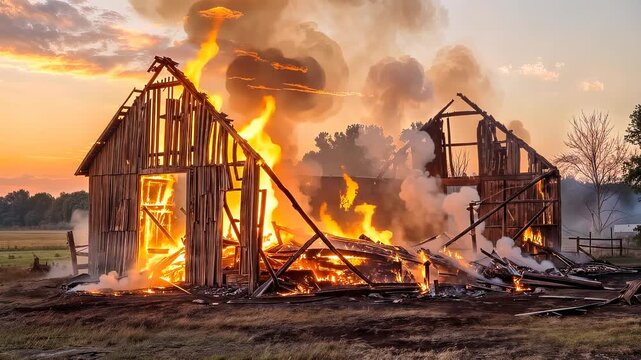 Old wooden barn engulfed in flames during sunset. Static wide shot of burning farm building with smoke rising into the sky.